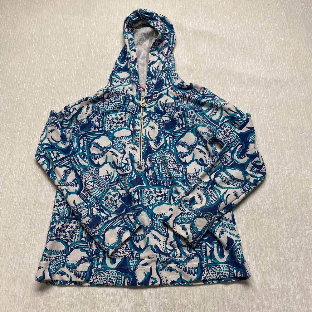 Lilly Pulitzer Skipper Popover Hoodie 1/4 Zip Womens Large Blue Elephant Print